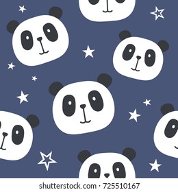 Muzzle of pandas and stars, hand drawn backdrop. Colorful seamless pattern with muzzles of animals. Decorative cute wallpaper, good for printing. Overlapping background vector. Design illustration