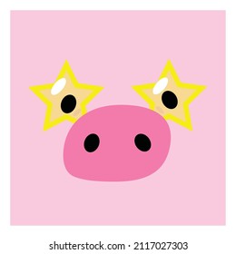 The muzzle of a pig in star glasses. Flat style funny stylized piggy. Character for postcard, valentine, cover, sticker, animation.