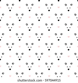 Muzzle of polar bear and pink hearts on white background. Seamless vector hand drawing pattern. Doodles animal texture.