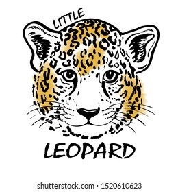 Muzzle, portrait of leopard baby close-up. Childish. Funny realistic wild cat. Template for printing on T-shirts, posters, cards. Black, white and yellow color. Realistic sketch. Beast style