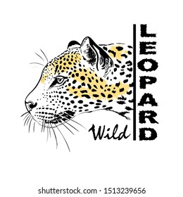 Bozal, retrato de leopardo de cerca, cráneo e inscripción Wild. Plantilla para imprimir en pantalones T, carteles, tarjetas. Color negro, blanco y amarillo. Esbozo realista. Estilo de la bestia Arte de línea.