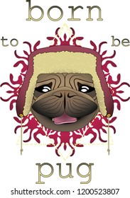 muzzle of a pug dog, beige, black eyes, pink tongue sticking out, brown maw, on his head a winter cap with ear-flaps of blue color with lowered ears. In the background, geometric shapes with a starry