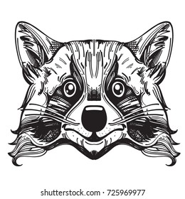 Muzzle raccoon illustration for creating sketches of tattoos, printing on clothes, design of posters and leaflets.