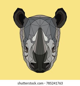 Muzzle of a rhinoceros in full face. The head of the animal on a light yellow background. Polygonal stylization. Vector illustration.