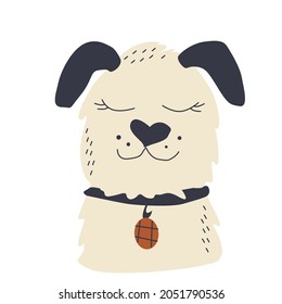Muzzle of a shaggy Beige dog with dark ears with a collar in a hand-drawn style on a white background