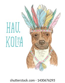 The muzzle of the smiling dog In feather headdress and inscription Indian greeting Hau kola. Isolated on white. Hand-drawn print for t-shirts, posters, bags and covers