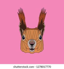 The muzzle of a squirrel. The head of an animal on a pink background. Polygonal stylization. Vector illustration.