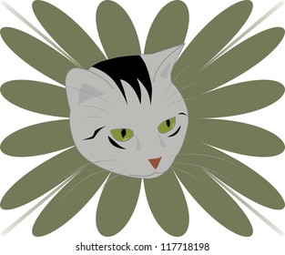 Muzzle of tabby with green eyes on a green background