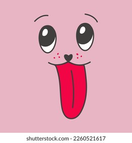 A muzzle that sticks out a red tongue on a one-color pink background. Lovely eyes, long tongue. The character shows the tongue. Retro style. Vector illustration.