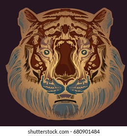 Muzzle of a tiger illustration for creating sketches of tattoos, printing on clothes, design of posters and leaflets.