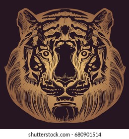 Muzzle of a tiger illustration for creating sketches of tattoos, printing on clothes, design of posters and leaflets.