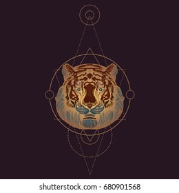 Muzzle of a tiger illustration for creating sketches of tattoos, printing on clothes, design of posters and leaflets.