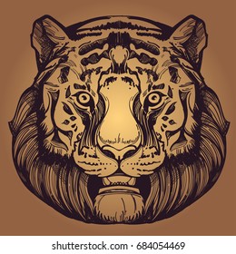 Muzzle of a tiger illustration for creating sketches of tattoos, printing on clothes, design of posters and leaflets.