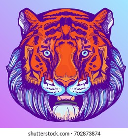 Muzzle of a tiger illustration for creating sketches of tattoos, printing on clothes, design of posters and leaflets.