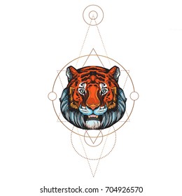 Muzzle of a tiger illustration for creating sketches of tattoos, printing on clothes, design of posters and leaflets.