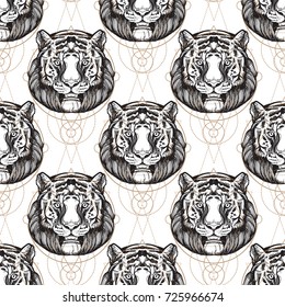 Muzzle Of The Tiger Seamless Pattern For The Design Of The Surface Of The Fabric, Packaging, Wallpaper.