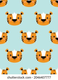 muzzle of tigers, colorful seamless pattern with cartoon tiger on blue background, animals print, decorative cute wallpaper, vector illustration