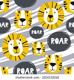 Bozal de tigres, fondo dibujado a mano. Patrón colorido y transparente con boquillas de animales. Papel pintado bonito y decorativo, bueno para imprimir. Vector de fondo superpuesto. Ilustración de diseño, ruar