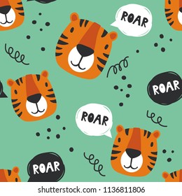 Muzzle of tigers, hand drawn backdrop. Colorful seamless pattern with muzzles of animals. Decorative cute wallpaper, good for printing. Overlapping background vector. Design illustration, roar