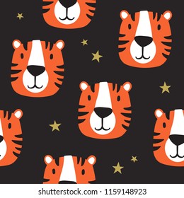 Muzzle of tigers, hand drawn backdrop. Colorful seamless pattern with muzzles of animals, stars. Decorative cute wallpaper, good for printing. Overlapping background vector. Design illustration, roar