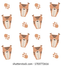 Muzzle of tigers, hand drawn backdrop. Colorful seamless pattern with muzzles of tiger.Creative kids  texture for fabric, wrapping, textile, wallpaper, apparel. Vector illustration
