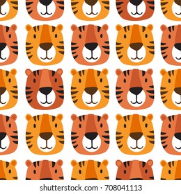 Muzzle of tigers, hand drawn backdrop. Colorful seamless pattern with muzzles of animals. Decorative cute wallpaper, good for printing. Overlapping background vector. Design illustration