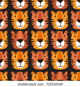 Muzzle of tigers, hand drawn backdrop. Colorful seamless pattern with muzzles of animals. Decorative cute wallpaper, good for printing. Overlapping background vector. Design illustration