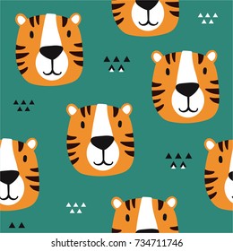 Muzzle of tigers, hand drawn backdrop. Colorful seamless pattern with muzzles of animals. Decorative cute wallpaper, good for printing. Overlapping background vector. Design illustration