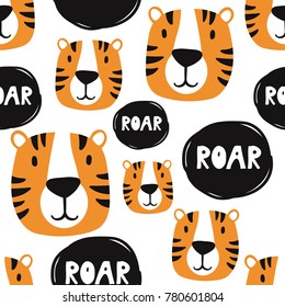 Bozal de tigres, fondo dibujado a mano. Patrón colorido y transparente con boquillas de animales. Papel pintado bonito y decorativo, bueno para imprimir. Vector de fondo superpuesto. Ilustración de diseño, ruar