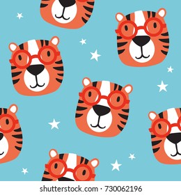 Muzzle of tigers and stars, hand drawn backdrop. Colorful seamless pattern with muzzles of animals. Decorative cute wallpaper, good for printing. Overlapping background vector. Design illustration