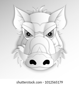 Muzzle of wild boar, symbol of the Chinese New Year. Element for design of New Year's banner, poster, postcard, invitation. 3d vector illustration.