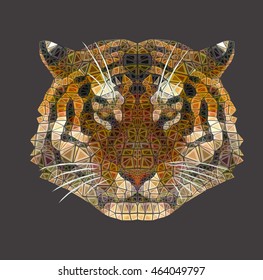 Muzzle of a wild dangerous animal - the Indian tiger. Polygonal graphics.