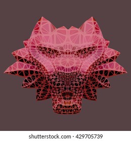 Muzzle of a wolf with decorative cracks. The composition is balanced symmetric. Color scale red-black, format square.