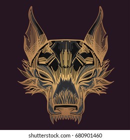 Muzzle of a wolf is an illustration for creating sketches of tattoos, printing on clothes, design of posters and leaflets.