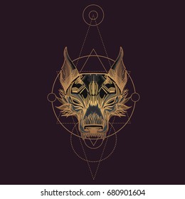 Muzzle of a wolf is an illustration for creating sketches of tattoos, printing on clothes, design of posters and leaflets.