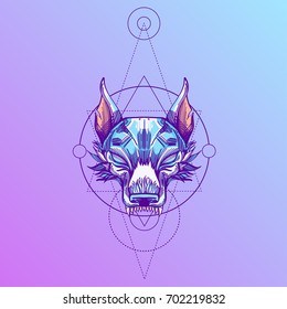 Muzzle of a wolf is an illustration for creating sketches of tattoos, printing on clothes, design of posters and leaflets.