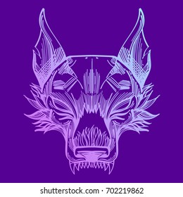 Muzzle of a wolf is an illustration for creating sketches of tattoos, printing on clothes, design of posters and leaflets.