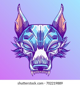 Muzzle of a wolf is an illustration for creating sketches of tattoos, printing on clothes, design of posters and leaflets.