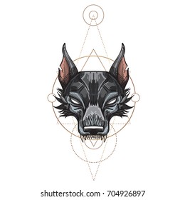 Muzzle of a wolf is an illustration for creating sketches of tattoos, printing on clothes, design of posters and leaflets.