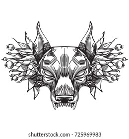 Muzzle of a wolf is an illustration for creating sketches of tattoos, printing on clothes, design of posters and leaflets.