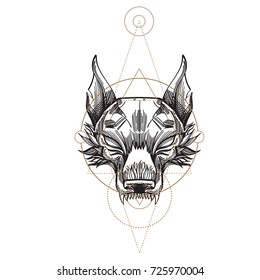 Muzzle of a wolf is an illustration for creating sketches of tattoos, printing on clothes, design of posters and leaflets.