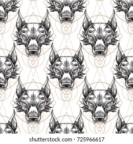 Muzzle Of The Wolf Is A Seamless Pattern For The Design Of The Surface Of Fabric, Packaging, Wallpaper.