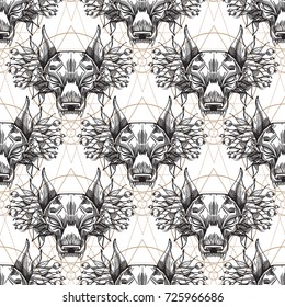 Muzzle Of The Wolf Is A Seamless Pattern For The Design Of The Surface Of Fabric, Packaging, Wallpaper.