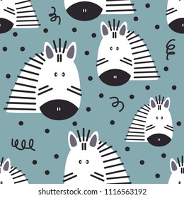 Muzzle of zebras, hand drawn backdrop. Colorful seamless pattern with muzzles of animals. Decorative cute wallpaper, good for printing. Overlapping background vector. Design illustration