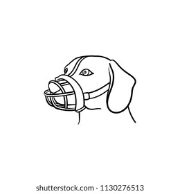 Muzzled dog hand drawn outline doodle icon. Pets in city life, safe dog walking and training concept. Vector sketch illustration for print, web, mobile and infographics on white background.