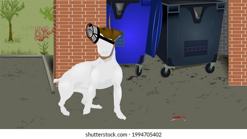 A muzzled dog stands near the garbage cans. Because of the muzzle, she can't eat the garbage she saw on her way.