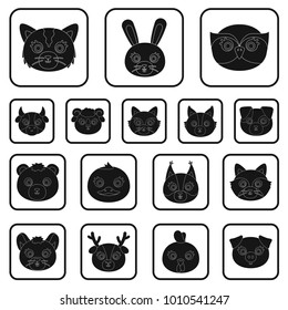 Muzzles of animals black icons in set collection for design. Wild and domestic animals vector symbol stock web illustration.