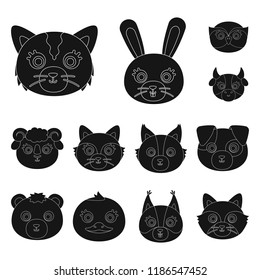 Muzzles of animals black icons in set collection for design. Wild and domestic animals vector symbol stock web illustration.