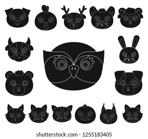 Muzzles of animals black icons in set collection for design. Wild and domestic animals vector symbol stock web illustration.