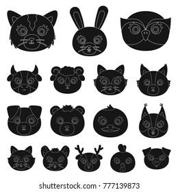 Muzzles of animals black icons in set collection for design. Wild and domestic animals vector symbol stock web illustration.